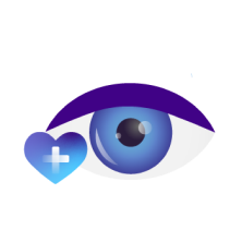 Icon of a blue eye with a blue heart to the bottom left of it