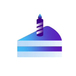 Icon of a blue slice of birthday cake with a single candle on top