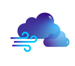 Icon of blue clouds being pushed to the right by a gust of wind