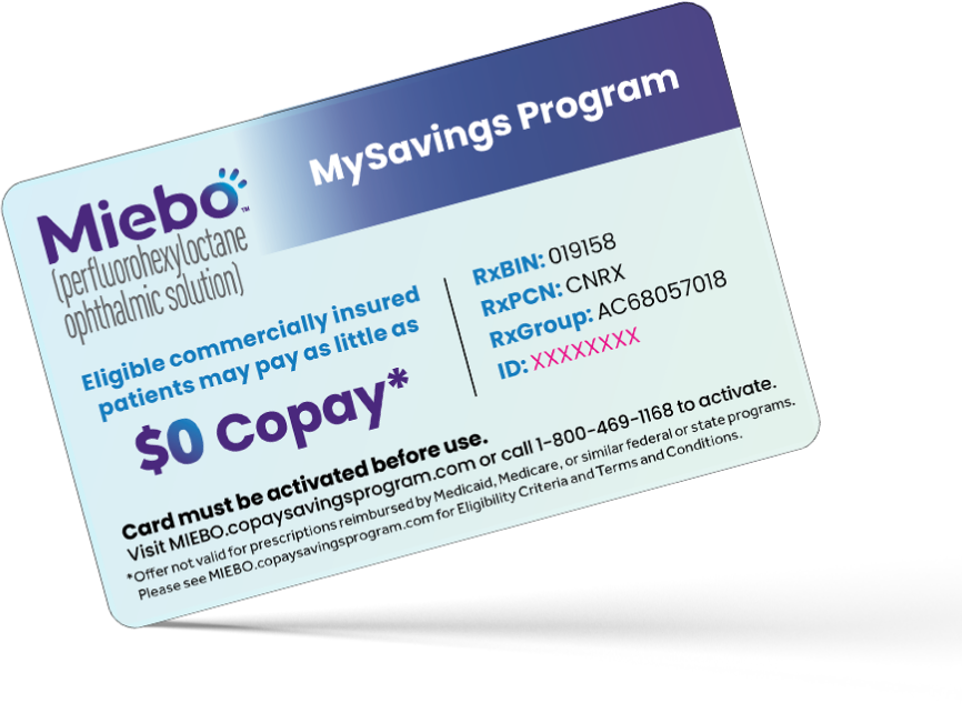 Miebo MySavings Program card with $0 copay written on it