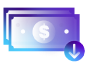 Icon of 2 blue dollar bills with a blue circle in the bottom right hand corner