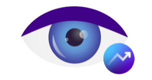 Icon of a blue eye with a blue circle at the bottom right with an arrow in it going up